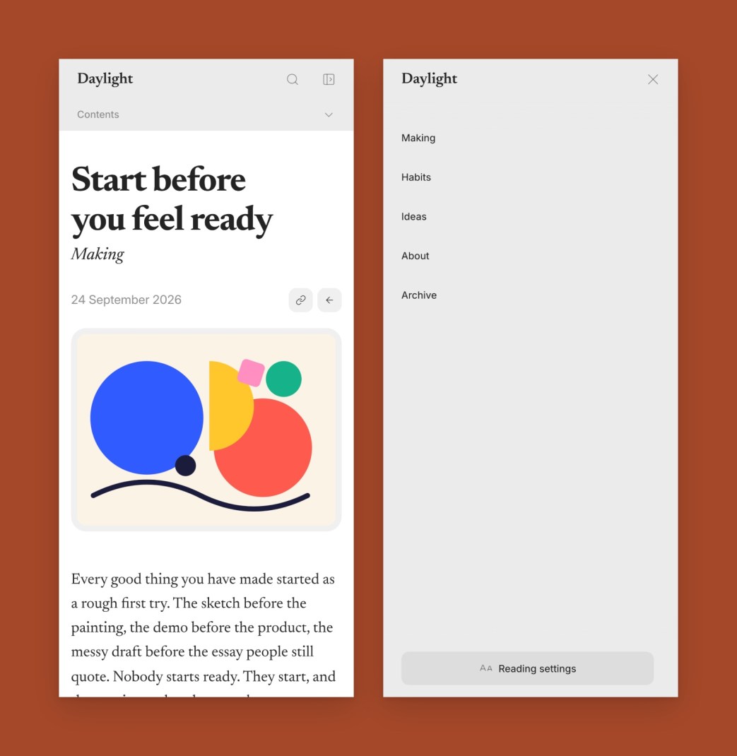 Architrave on a phone: an article and the open menu