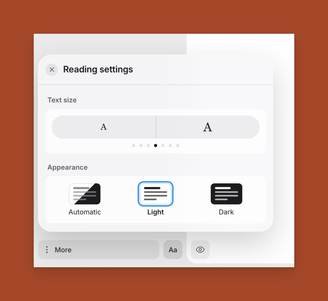 The reading settings: text size, light or dark, and focus