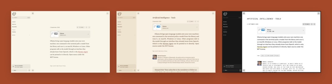 One article in three Vibetiles styles: Essay, Book and Departures